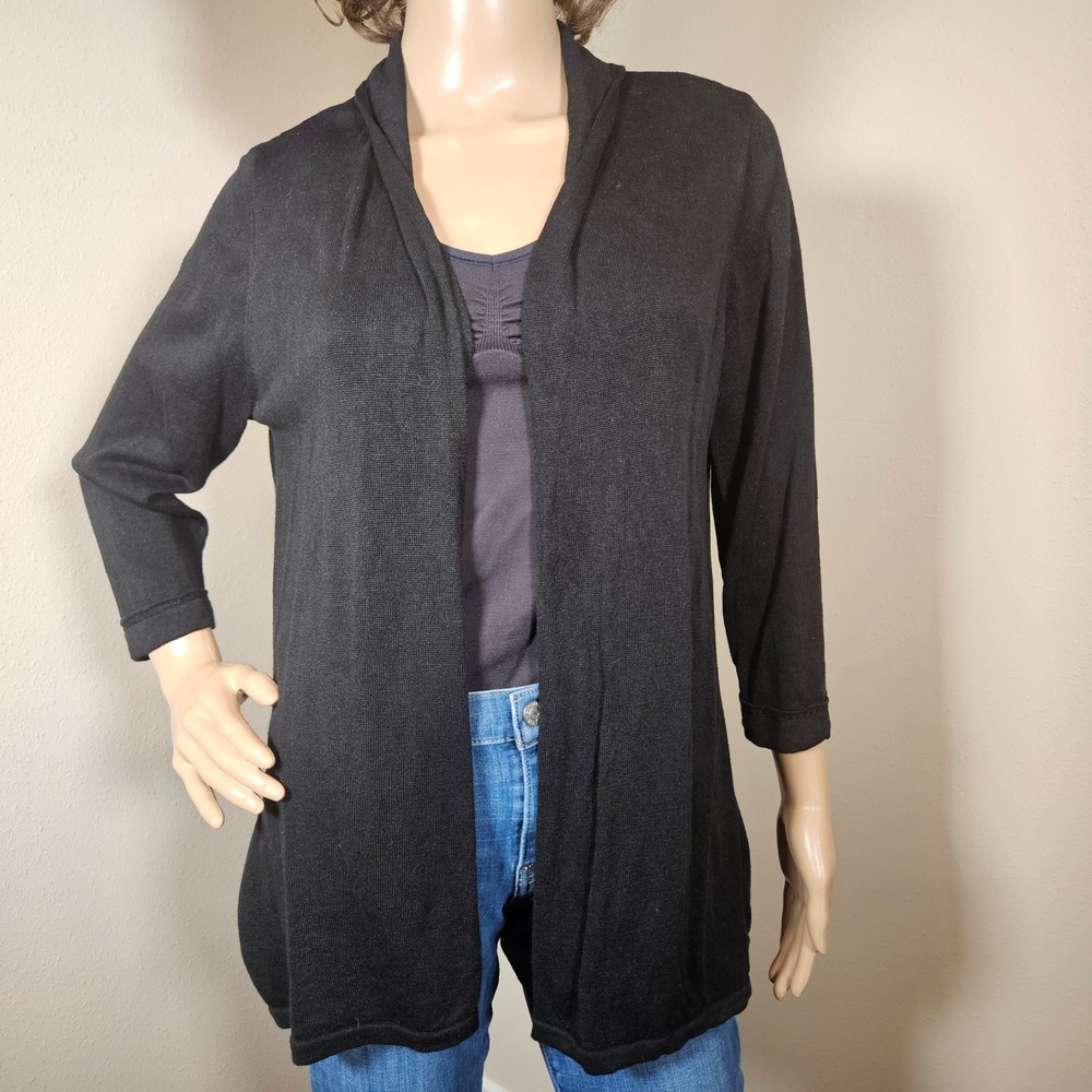 J.Jill Cardigan Sweater Womens Medium Black Open Front 3/4 Sleeve Shawl Collar